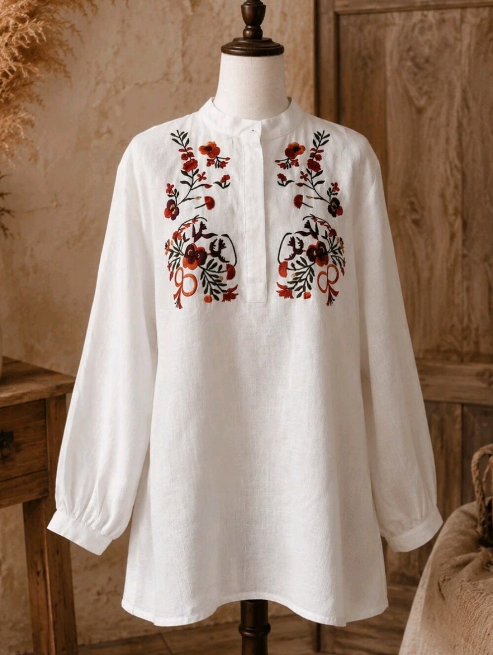 Irish Linen Embroidered Tunic Blouse White Birds Floral Boho L